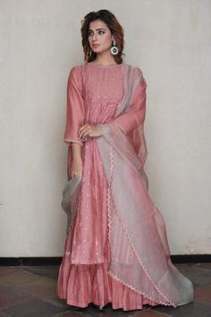 Shop for Falguni.Foram Pink Chanderi Silk Kurta Sharara Set for Women Online at Aza Fashions Tissue Kurta, Shaded Dupatta, V Neck Kurta, Ash Pink, Kurta Sharara Set, Pink Kurta, Kurta Sharara, Pink Thread, Scalloped Border