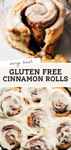 cinnamon rolls with icing on top and the words, very best gluten free cinnamon rolls