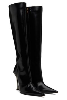 Versace: Black Pin-Point Boots | SSENSE Pointed Boots, Black Pins, Marc Fisher, Boots Knee, Knee High Boots, Knee High, Stiletto Heels, Calf Skin, Versace