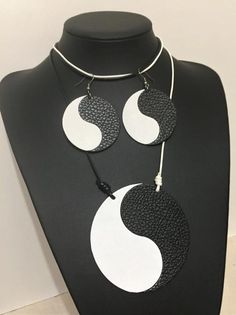 Handmade Black Circular Jewelry, Adjustable Round White Jewelry Sets, Yin Yang Necklace, Black Leather Choker, Party Life, Angel Wing Earrings, Stylish Necklace, Round Necklace, Leather Chokers