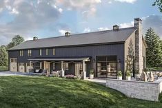 an artist's rendering of a modern farmhouse style home in the country side view