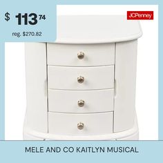 a white jewelry cabinet with lots of drawers and knobs on it's sides