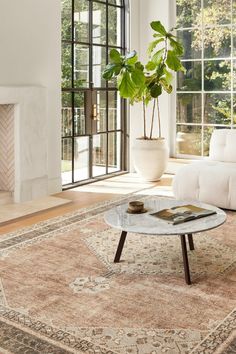 a living room filled with furniture and a fire place next to a large glass window