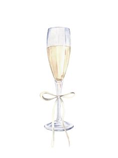 a watercolor drawing of a glass of wine with a white ribbon on the side