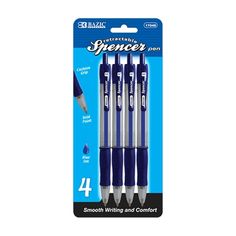 four blue and silver pens in packaging