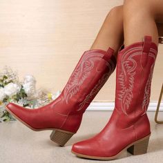 Redembroidery Leather Hi-Heel Western Cowboy Boots Red Slip-On Upper Material: Pu Leather Lining Material: Fabric, Pu Leather Insole Material: Fabric Outsole Material: Rubber Cowgirl Boots Wine, Western Boots Yeehawcowboy.com, Non Slip Cowboy Boots, Tall Cowgirl Boots Red, Heart Western Boots, Cowboy Boots Me, Red Boots Casual, Sparkly Red Cowgirl Boots, Red Bridal Boots