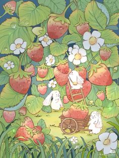 a painting of strawberries and rabbits in a field with flowers, grass, and leaves