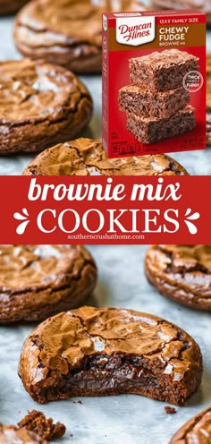 chocolate brownie mix cookies are on a baking sheet with the box in the background