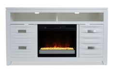 a white entertainment center with a fire in the fireplace