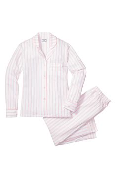 Soft pink stripes sweeten any morning in these comfy cotton pajamas polished off with smooth piping, curved lapels and a chest pocket. Top has notched lapels; long sleeves 100% cotton Machine wash, dry flat Imported Pecking Order, Childrens Pyjamas, Cotton Pajama Set, Luxury Sleepwear, Classic Pajamas, Striped Pyjamas, Cotton Pajama Sets, Matching Pajamas, Riga