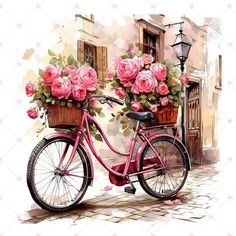 a painting of a pink bicycle with flowers in the basket on the front and side