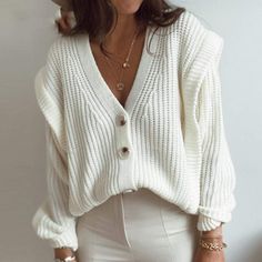 V neck White Lady Cardigan Autumn and Winter Long sleeved Loose Button Casual Sweater Knitted Sweater Shipping from the US. Easy 30 day return policy, 100% cotton, Double-needle neck, sleeves and hem; Roomy Unisex Fit. Knit V-neck Sweater With Buttons For Fall, Winter Button-up V-neck Sweater With Buttons, Casual V-neck Sweater With Buttons, Casual Long Sleeve V-neck Sweater With Buttons, Knit V-neck Sweater With Button Closure And Long Sleeves, Trendy Long Sleeve V-neck Sweater With Buttons, V-neck Long Sleeve Sweater With Button Closure For Layering, Fall Knit V-neck Sweater With Button Closure, V-neck Sweater With Button Closure For Winter