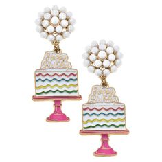 Celebrate in style with our Birthday Cake Enamel Earrings in White. These earrings are the perfect accessory for any birthday outfit, adding a touch of sweetness to your look. They are durable and will make the perfect gift for yourself or a loved one. White Enamel Jewelry For Party, Fun Dangle Earrings For Birthday, Sweet Drop Earrings For Party, Sweet Style Drop Earrings For Party, Cute Birthday Jewelry With Matching Earrings, Cute Dangle Earrings For Birthday, Cute Drop Earrings For Birthday, Cute White Party Earrings, Cute White Earrings For Party