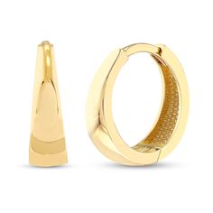 Update your look with the subtle detail of these smart tapered 14K gold huggie hoop earrings. Fashioned in 14K gold Each 12.8mm-wide hoop graduates from narrow at the top to wide at the base along the front and back edges. These earrings secure with hinged backs. Gold Hinged Huggie Earrings For Formal Occasions, Anniversary Yellow Gold Hinged Hoop Earrings, Formal Gold Plated Hallmarked Huggie Earrings, Formal Gold Plated Huggie Earrings With Shiny Finish, Formal 14k Gold Small Hoop Huggie Earrings, Elegant Hinged Yellow Gold Huggie Earrings, 14k Gold Small Hoop Huggie Earrings For Formal Occasions, Classic Huggie Hoop Earrings For Formal Occasions, 14k Gold Huggie Hoop Earrings With Polished Finish