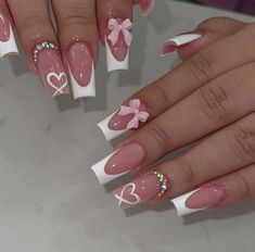 Pink Grad Nail, Cute Nail Inspo Coquette, Nail Art Designs With Bow, Valentines Day Inspired Nails, Pink Coquette Nails Square, Nails Design For Birthday, Almond Nails Designs With Bows, Cute Bow Nail Designs, Coquette Nails Bow