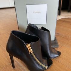 Tom Ford Bos Taurus Ankle Boots With Signature Brass Zipper New With Box And Dust Bag. Never Been Worn. 4 1/2 Inch Heel. Size 38 Beautiful, Sexy And Classy. Elegant Ankle Boot Heels With Zipper Closure, Elegant Ankle-high Heels With Zipper Closure, Elegant Heels With Zipper Closure, Elegant Open Heel Formal Boots, Elegant Leather Boots With Open Heel, Luxury Open Toe Formal Boots, Elegant Leather Open Heel Boots, Formal Ankle Boot Heels With Zipper Closure, Formal Ankle-high Heels With Zipper Closure