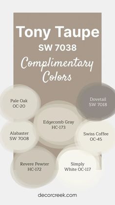 The image presents Tony Taupe SW 7038 as the main paint color, with complementary colors displayed around it. These include Pale Oak OC-20, Edgecomb Gray HC-173, Dovetail SW 7018, Swiss Coffee OC-45, Alabaster SW 7008, Revere Pewter HC-172, and Simply White OC-117. The design uses circles to highlight each complementary color, creating a cohesive palette suggestion. Sherwin Paint Colors Neutral, Taupe Trim Interior, Porcelain Sherwin Williams, Cobble Brown Sherwin Williams, Brown Beige Paint Colors, Sherman Williams Best Neutrals, Coco Whip Sherwin Williams, Dovetail Gray Sherwin Williams, Sw Revere Pewter