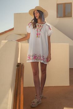 Bonita Mini Dress Spring Floral Embroidered Short Sleeve Dress, Short Sleeve Floral Print Dresses For Summer Outings, Short Sleeve Spring Dresses With Floral Embroidery, Spring Floral Embroidery Short Sleeve Dress, Summer Cotton Mini Dress With Puff Sleeves, Summer Vacation Embroidered Dresses, Summer Floral Printed Knee-length Embroidered Dress, Cotton Puff Sleeve Mini Dress For Summer, Spring White Embroidered Dress For Day Out