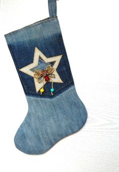 a blue christmas stocking with a star on it