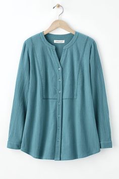 Light and airy, our pure crinkled cotton Big Shirt is framed by openwork at the bodice and across the back yoke. Notched V-neck with button front. Imported. | Women's Crinkle Cotton Openwork Big Shirt Top - Bright Turquoise - Small Cotton Shirts Women, Crinkle Cotton, Casual Indian Fashion, Night Dresses, Big Shirt, Bright Turquoise, India Ink, Cotton Blouses, Petite Size