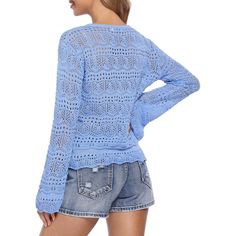 This knit top features a stylish and trendy hollow out design that adds a touch of sophistication. Crochet Pullover, Shopping Party, Sweater Jumper, Knitted Tops, Womens Crewneck, Crochet Crop Top, Elastic Fabric, Sweater Design, V Neck Blouse