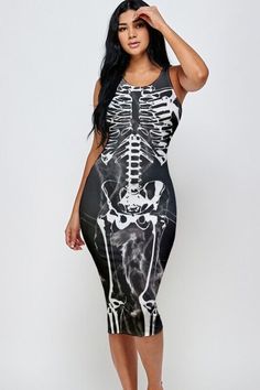 Women's Black Halloween Skeleton Print Midi Dress Spring Gothic Stretch Dresses, Fitted Gothic Bodycon Summer Dress, Black Gothic Bodycon Dress For Summer, Summer Gothic Black Bodycon Dress, Fitted Black Dress For Halloween, Halloween Bodycon Dress, Fitted Skull Print Dress For Spring, Fitted Skull Print Dresses For Spring, Fitted Gothic Dress For Halloween