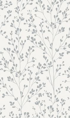 a white and gray wallpaper with grey leaves on the top of it, in an elegant