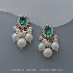 Available in Silver tone(white gold), Gold and Rose Gold Materials: Freshwater pearls. Emerald Green Crystals(not real or simulated emerald),   plated brass settings, cubic zirconia, sterling silver ear posts Size: full length 3cm. Oval studs are 1.2cm*1cm. Freshwater pearls are 3mm-7mm in diameter Finish: Gold, White Gold(silver tone) and Rose Gold. Please choose a metal finish when you place the order. Elegant Oval Chandelier Earrings For Weddings, Elegant White Oval Bridal Earrings, Oval Pearl Charm Earrings For Wedding, Green Pearl Earrings For Wedding, Elegant Green Pearl Drop Bridal Earrings, Green Wedding Jewelry, Bridal Earrings Gold, Emerald Green Wedding, Pearl Bridal Earrings