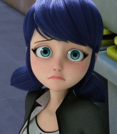 a close up of a doll with blue hair and big eyes, wearing a black jacket