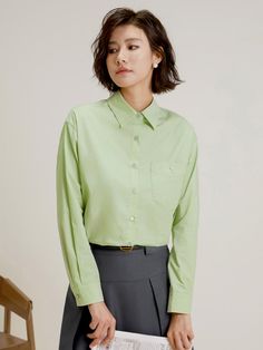 This is a feminine and romantic shirt by LANGSON that is made out of high quality polyester 100% fabric. With design detail of regular silhouette and chest patch pocket, it gives a trendy and feminine look. - Regular silhouette- Chest patch pocket with button- Feminine and modern mood Spring Office Shirt With Welt Pockets, Green Lapel Collar Shirt For Work, Office Shirt With Welt Pockets For Spring, Spring Long Sleeve Tops With Welt Pockets, Green Shirt With Placket For Workwear, Green Spread Collar Top For Work, Green Tops With Lapel Collar And Pockets, Green Top With Lapel Collar And Pockets, Green Tops With Pockets And Lapel Collar