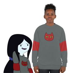 Everyone knows Marceline always had the best looks on Adventure Time, so why not own pieces from her wardrobe, starting with this cute sweater! This all over print crewneck sweatshirt is the perfect example of cool. With quality all-over printing capabilities, you won't be worried about white lines at the seams. This fleece is custom cut and sewn, featuring a crew neck and set-in sleeves to keep you warm.  .: 86% Polyester 14% Cotton .: Crew neck .: Classic Fit .: Custom cut and sewn .: White thread color .: Assembled in the USA from globally sourced parts !! Disclaimer: Please note that the print quality may not come out "absolutely perfect" due to the supplier only able to provide a polyester blend to achieve this look. Casual Hoodie With Character Print And Crew Neck, Casual Crew Neck Hoodie With Character Print, Casual Sweatshirt With Character Print, Crew Neck, Casual Crew Neck Sweatshirt With Character Print, Winter Crew Neck Sweatshirt With Character Print, Pop Culture Winter Sweatshirt With Character Print, Winter Crew Neck Sweatshirt With Cartoon Print, Pop Culture Cartoon Print Sweatshirt For Winter, Winter Cartoon Print Crew Neck Sweatshirt