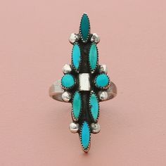 Zuni Sterling Silver Vintage Elongated Needle Point Turquoise Ring Size 6 Pre-Loved But In Great Condition - Weight - 4.1g Ring Size - 6 Width - 37mm Item Id - Abj89600820 _gsrx_vers_1649 (Gs 9.7.2 (1649)) Zuni Jewelry, Needle Point, Native Jewelry, Women Accessories Jewelry, Turquoise Jewelry, Womens Jewelry Rings, Rings Statement, Turquoise Ring, Statement Rings