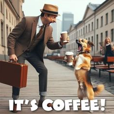 a man in a suit and hat holding a coffee cup while standing next to a dog