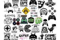 a large collection of video game logos and stickers in black and white, with the words games over them