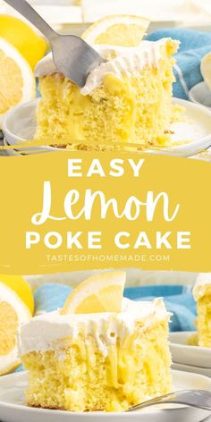 a slice of lemon poke cake on a plate