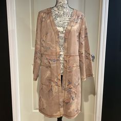 New Without Tags. Unlined. Gold Metallic Accents. Beige Open Front Outerwear For Work, Beige Fitted Open Front Outerwear, Taupe Spring Outerwear With Pockets, Fitted Beige Outerwear For Spring, Cream Open Front Outerwear For Work, Neutral Open Front Outerwear For Spring, Fitted Neutral Outerwear For Spring, Floral Jacket, Metallic Accents