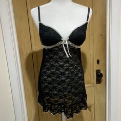 Black Lace Lingerie Nightgown With White Accents And White Bow. See Through Bottom Half. Never Worn. Adjustable Straps Night Sleepwear With Lace Trim And Underwire, Lace Underwire Sleepwear For Loungewear, Black Coquette Sleepwear For Wedding Night, Sleepwear Black, Lingerie Nightgown, Black Lace Lingerie, Lace Nightgown, Lace Lingerie, White Bow