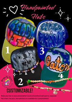 Customizable hand painted hats! Choose your color hat, text/image, favorite or specific colors, and allow the artist to come up with a unique piece tailored to your style! Some base color hats may be unavailable depending on inventory. The artist will contact you if requested color runs out and if or when it will be back in stock.  Due to copy right laws, the artist can not copy other artists or trademarked images, but will put her creative spin into it to make it even more unique. Fun ideas: local sport team spirit, professional sports team, seasonal, hobby orientated, pride, fun phrases, and more! Adjustable size snap back closure- one size fits most Breathable polyester mesh baseball cap/trucker hat Painted Hats Baseball, Adjustable Themed Cap Style Hat, Adjustable Themed Cap, Themed Adjustable Cap, Customizable Bucket Hat One Size, Customizable Bucket Hat One Size Fits Most, Customizable Bucket Hat, One Size Fits Most, Customizable One Size Bucket Hat, Customizable Cap Hats