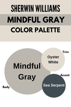 the three colors in this graphic are gray, white and grey with text that reads shewin williams's mindful gray color palette