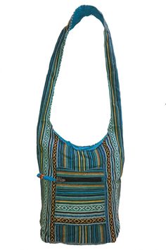 "Our Sunshine Joy Woven Shoulder Hobo Bags are perfect for the person on the go. Great for trips to the beach, camping, festivals, picnics, a night out and more.  These high-quality bags feature a sturdy double interlocking \"lockable\" zipper top, a secure, zippered pocket on the outside of the bag, and an inner pouch.   This bag measures approximately 13 x 14 x 4 inches (H x L x W) with a 20\" fixed strap.  100% cotton. Made in India." Casual Blue Hobo Bag For Travel, Summer Blue Shoulder Bag With Zipper Pocket, Green Summer Shoulder Bag With Zipper Closure, Blue Shoulder Bag With Zipper Pocket For Summer, Summer Travel Shoulder Bag With Cell Phone Pocket, Blue Shoulder Bag With Zipper For Summer, Green Shoulder Bag With Zipper For Summer, Blue Bags With Ykk Zipper For Outdoor Activities, Blue Summer Bags With Pockets