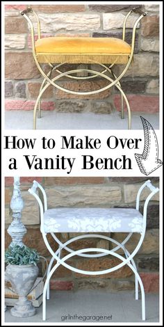 a bench with the words how to make over a vanity bench in white and yellow