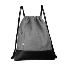 a gray and black drawsack bag on a white background