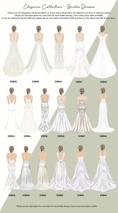 the different types of wedding gowns in each color and size, with their names on them