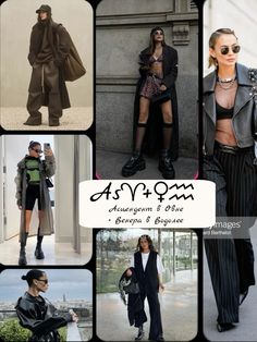 the collage shows several different models in black and white outfits, including one woman wearing an oversize coat