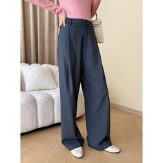 Fall Commuting Suit Wide Leg Pants  Material: 90% Polyester+6%Cotton+4%Spandex  Size: S, M, L, Color: Navy Blue  Season: Spring, Fall,   Occasion: Leisure, Outdoor, Daily, Vacation,Fall Outfits Solid Full-length Pants For Office Wear, Casual High Waist Wide Leg Office Pants, Casual Full-length Dress Pants For Office, Fitted Wide Leg Office Pants, Casual Full Length Dress Pants For Office, Fitted Wide-leg Pants For Office, Casual Elastane Dress Pants For Office, Casual Solid Pants For Office Wear, Casual Wide Leg Office Pants