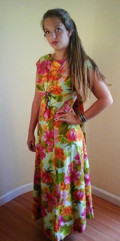 "vibrant colors!! almost neon appears never worn very rare style with interesting bodice and waterfall back appx size 7-8 measures length 52 bust 40 waist 25\" hip 44 \"lauhala\" brand made in hawaii AMazing! more hawaiiana at www.etsy.com/shop/stilettoRanch" Green Hawaiian Floral Print Dress, Multicolor Sleeveless Hawaiian Dress, Multicolor Hawaiian Dress With Tropical Print, Spring Retro Dresses With Tropical Print, Hawaiian Style Multicolor Tropical Print Dress, Retro Short Sleeve Maxi Dress For Beach, Retro Short Sleeve Maxi Dress For The Beach, Multicolor Tropical Hawaiian Dress, Vintage Tropical Print Dresses For Spring