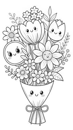 a bouquet of flowers with faces drawn on the top and bottom, in black and white