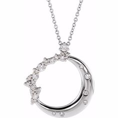 14k White 1/4 Ctw Diamond Crescent Moon 16-18" Necklace Specifications Weight: (3.90 Grams) Clasp Type: Spring Ring Selling Unit Of Measure: Ea Gender: Ladies Total Diamond Carat Weight: 1/4 Ctw Chain Length: 16-18 In Chain Width: 1 Mm Surface Finish: Polished Plating Type: Rhodium-Plated Chain Style: Cable Primary Stone Type: Diamond Diamond Color: G-H Diamond Clarity: I1 Primary Stone Shape: Round Pendant Dimensions: 21.5x19.9 Mm Synthetic Diamond, Wrist Jewelry, Moon Pendant Necklace, Neck Jewellery, Crescent Moon Necklace, Diamond Chain, Silver Moon, Moon Pendant, Moon Necklace