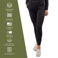 Our women’s heated base layer pants can do more than move with you and keep your legs warm during the winter months. Though they are a must-have for excursions in the winter season, you can also wear them year-round! From chilly camping and hunting trips to brisk morning walks or afternoon games, there is always an occasion to pull these on. We combine flexible, lightweight material with conductive thread technology to bring you the most comfortable and cozy base layers you’ll ever own. Our Base Functional Yoga Pants For Outdoor Activities, Casual Black Leggings For Outdoor, Casual Black Outdoor Leggings, Black Athleisure Pants For Hiking, Black Functional Cargo Pants, Fitted Black Bottoms For Hiking, Functional Black Pants For Loungewear, Functional Full-length Loungewear Pants, Functional Full Length Loungewear Pants