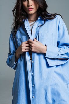 Introducing our Boyfriend Cut Shirt in a serene Baby Blue, the epitome of casual grace and comfort. This shirt is a must-have for those who love to blend effortless style with everyday practicality. Oversized Boyfriend Style: Designed to mimic the relaxed fit of a boyfriend's shirt, this piece is all about comfort and ease, offering a laid-back yet chic look. Charming 3/4 Sleeves: The 3/4 length sleeves bring a unique and stylish twist to this classic design, making it versatile for various seas Baby Blue Shirt, Boyfriend Cut, Types Of Jeans, Cut Shirt, Denim Pocket, Oversized Long Sleeve, Boyfriend Style, Boyfriend Shirt, Long Sleeve Polo